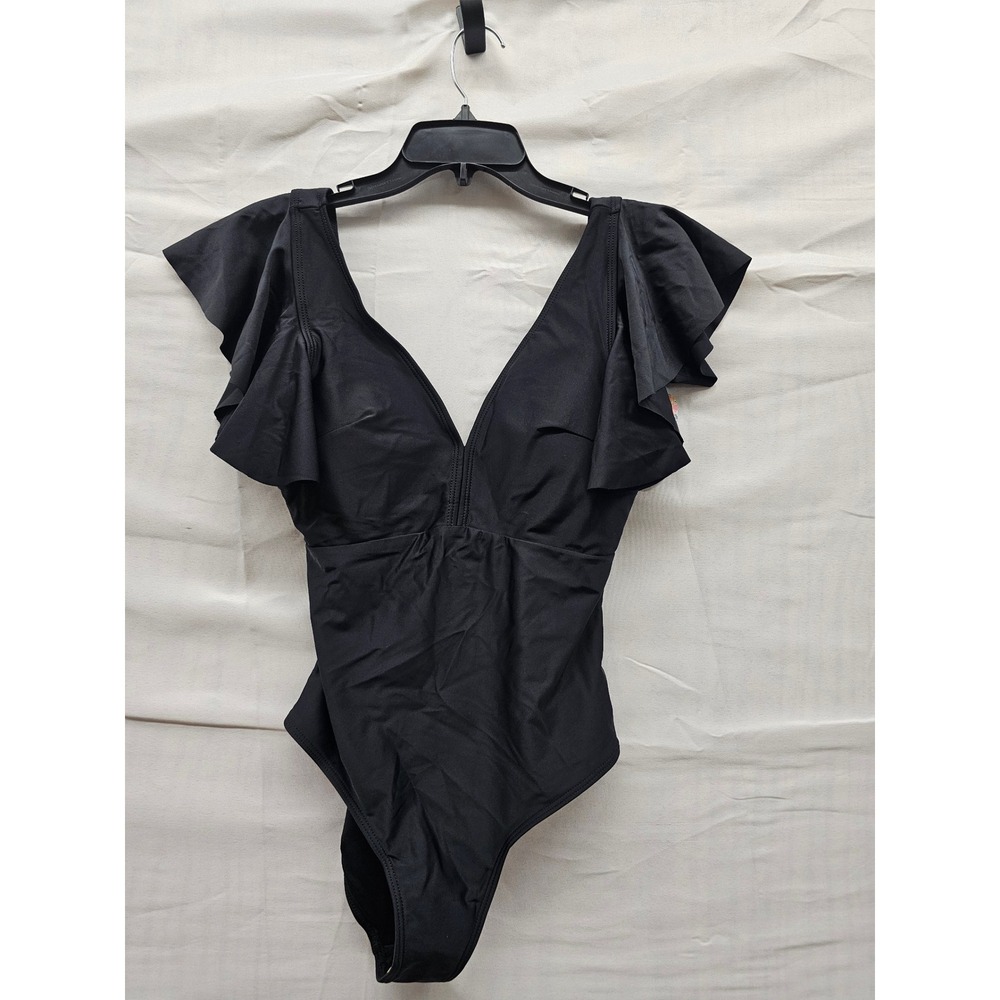 Binlowis Womens Black Ruffle Sleeve V-Neck One Piece Swimsuit Size S New